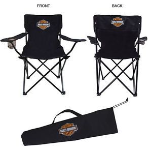 Harley Davidson Black Foldable Camping Chair 225 lb Max Carry Bag Cupholder