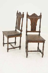 Pair of Antique Scottish Victorian Heavily Carved Oak Hall Chairs