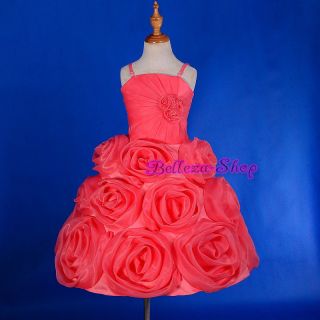 Coral Embossed Roses Organza Dress Wedding Flower Girl Pageant Party 3T 4T FG267