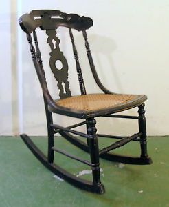 Antique Victorian Child 's Carved Rocking Chair Cane Seat Ebonized c1870 63