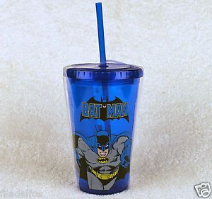 DC Comics 80's Batman Acrylic Tumbler Drinking Glass Cup w Screw Lid Straw
