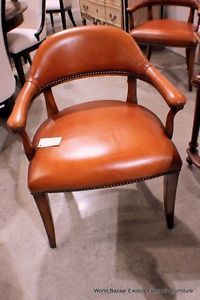 34" H Arm Chair High Quality Light Brown Italian Leather Solid Old Walnut Wood