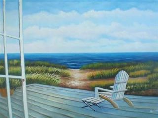 24 x 36 Oil Painting Art Beach Porch Adirondack Chair Deck Door Window Grass Sky