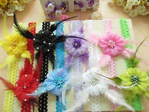 Lot 8 Flower Feather Head Bands Crochet Lace Headband Baby Girls Flower Clip