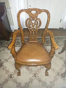 12 Walnut Dining Chairs Georgian Style Hand Carved Leather