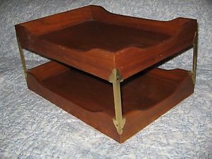 Vintage Wood Desk Organizer Double Tray File in Out Office Nucraft