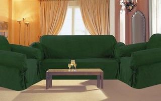 Hunter Green 3 PC Slip Covers Sofa Love Seat and Chair Stripes Brand New