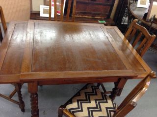 English Antique Oak Pull Leaf Dining Table 4 Chairs with Barley Twist Legs