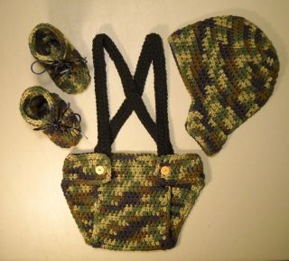 Made to Order Crocheted Baby Boy Set Diaper Cover w Suspenders Hat Booties