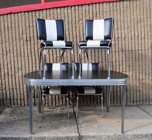 1950's Vtg Style Black and White Kitchen Dining Set Chrome Table 4 Chairs Modern