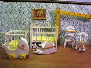 Lot Yellow White Wood Baby Doll House Furniture Crib Playpen Rockers High Chair