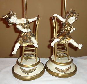 Pair of Figural Metal Table Lamps with Girl on Chair with Hiding Cat French