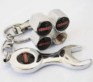 4 x Wheel Tyre Tire Valve Stems Air Dust Covers Caps Wrench Keychain for GMC