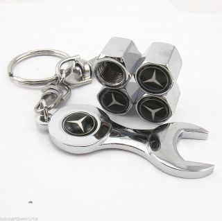 Black Benz Wheel Tyre Tire Valve Stems Air Dust Covers Caps Wrench Keychain