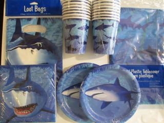 Shark Splash Birthday Party Supplies Set Pack Kit 16 w Loot Bags