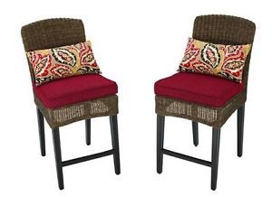 Outdoor High Dining Chair Bar Stool Wicker w Red Cushion Patio Seating Set of 2