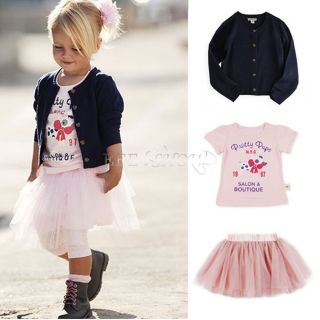 3pcs Baby Girl Outfit Cardigan Coat T Shirt Tutu Skirt Dress Outfit Gift 2T 5T