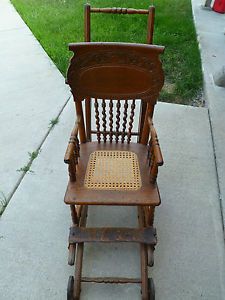 Antique Vintage EARLY1800's Wooden Baby Stroller High Chair Combo Metal Wheels
