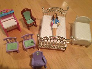 Fisher Price Loving Family Doll House 8 PC Lot Furniture Chairs Bed Doll Nursery