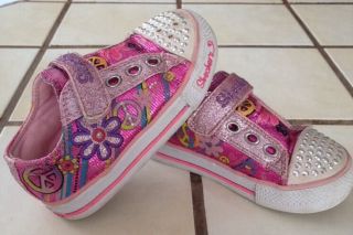 Skechers Twinkle Toes Pink Light Up Shoes Flowers Peace Signs Size 7 VGUC