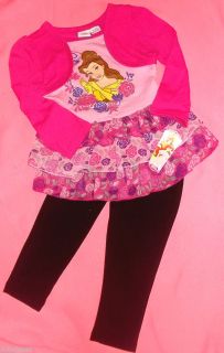 Girls Sz 24 MO 3T Disney Princess Belle Leggings Pants Shirt Set Hot Pink