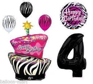 4th Birthday Zebra Cake Balloons Pink Black Party Decorations Supplies Fourth XL