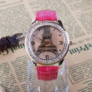 Hot Fashion Women Ladies Girls Crystal Eiffel Tower Leather Quartz Wrist Watch