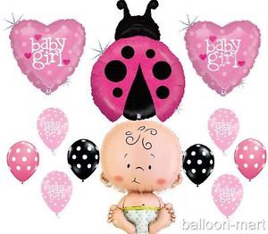 Baby Shower Balloons Set Party Supplies Girl Hearts Pink Polka Dots Ladybug Lot