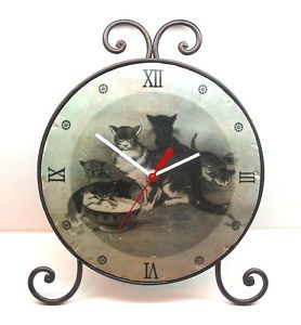 Ornate Bronze Finished Wrought Iron Cats Theme Easel Mantel Clock Must See