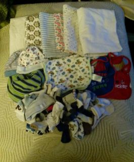 Newborn Baby Blankets Socks Bibs and Wash Clothes Lot