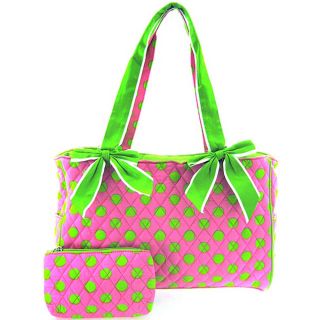 Cute Pink Green Quilted Polka Dot Print Baby Girl Diaper Bag Tote Purse