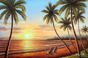 Hawaii Sunset Palm Trees Beach Chairs Sand Sea Stretched 24x36 Oil Painting Art