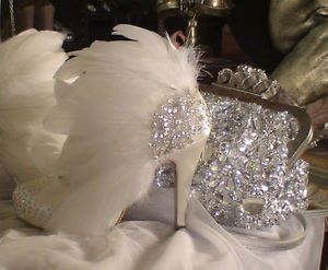 White Satin Wedding Feathers Rhinestones Bride Pumps Handmade Shoes