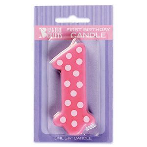 Pink White Polka Dot 1 First Birthday Candle 3" Cake Topper 