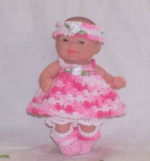 Crochet 5" Berenguer Itty Bitty Baby Doll Clothes Variegted Pink 6 PC Outfit