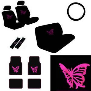 15pc Full Set SUV Seat Covers Girly Pink Butterfly Floor Mat Wheel Belt Head Pad