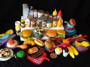 Lot of 26 Pieces of Pretend Play Food Boxes Cans Pots Pans Dishes Utensils