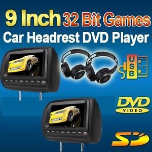 Black 2x9" Headrest Car CD DVD Players Pillow LCD Monitor 32 Bit Game USB SD