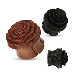 Pair 2 Organic Hand Carved Wood Rose in Bloom Flower Plugs Tunnels Gauges Ear