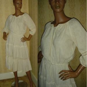 70s Vintage Fashion Clothes Hippie Boho Ecru White Gauze Peasant Dress M