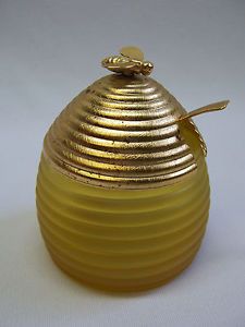 Avon Beehive Bee Gold Glass Jar with Metal Top Spoon Empty Perfume Bottle