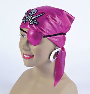Pirate Set Pink Bandana Eye Patch Skull Crossbones Ladies Fancy Dress