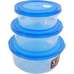 New 3pc Blue Plastic Round Shape Lunch Box Food Storage Boxes Kitchen Containers