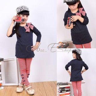 Girl Long Sleeve Shirt Dress Top Bow Stripe Leggings 2pcs Sets Outfit Ages 3 8Y