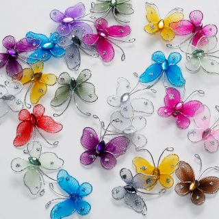 1" Sheer Nylon Crystal Wire Butterfly w Rhineston Party Decorations 24pcs