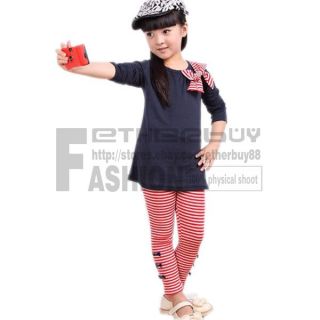 Girls Kids Outfits Pink Blue Top Black Striped Leggings 3 8 Years 2 Pcs Clothes