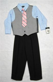 Toddler Boys Grey Suit TFW Size 4 Blue Shirt Black Pants 4 Piece Vest Tie New