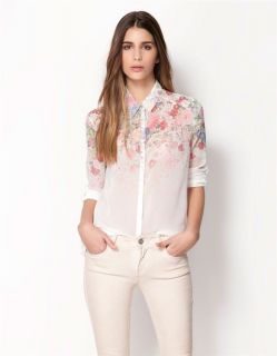 New Womens European Fashion Floral Print White Chiffon Collar Flower Shirt B1235