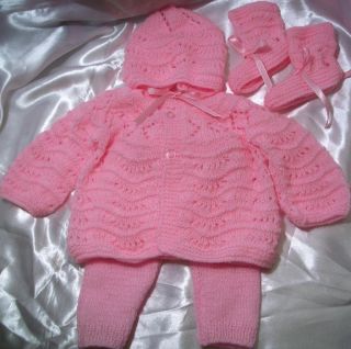 Knit Baby Reborn Doll Clothes Outfit Sweater Set Hat Pants Booties Pink Newborn