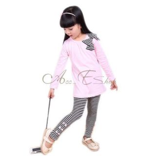 Girl Long Sleeve Shirt Dress Top Bow Stripe Leggings 2pcs Sets Outfit Ages 3 8Y